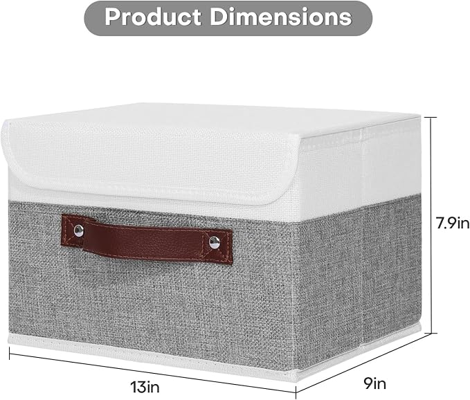 ANMINY 2PCS Storage Boxes with Lids Washable Decorative Storage Bins Basket with PU Leather Handle Foldable Linen Fabric Storage Cubes Containers for Home Closet Organizer - Gray White, Medium