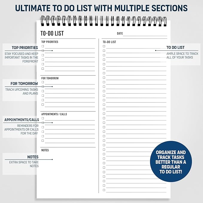To Do List Notepad 8.5x11" - Large Size, 52 Sheets - Daily Planner Notebook | with Multiple Functional Sections - Spiral Bound Task Checklist Organizer Agenda Pad for Work, Note & Todo List Organization