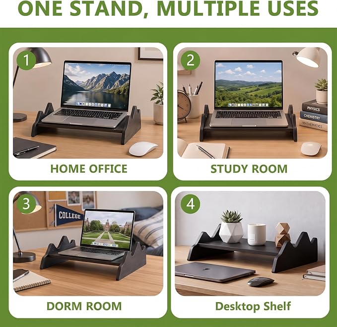 Wenqik Solid Pine Wood Laptop Riser, 14.2" Wooden Laptop Stand for Desk, Monitor Shelf with Keyboard Storage, Minimalist Desktop Organizer for Dorm Room, Home Office, Black(Mountains Design)