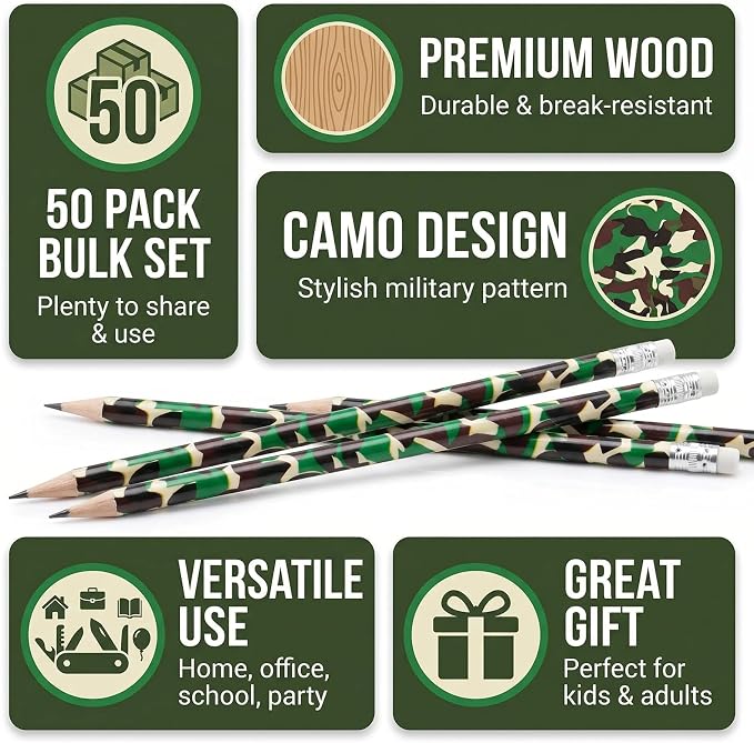 50pc Camouflage Pencils HB, Wooden Writing Pencils for Classroom Office Supplies, Camo Design Bulk Pencils for Kids Students