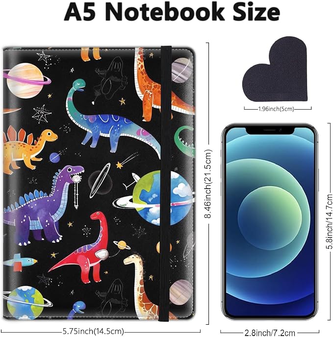 A5 Leather Lined Journal Notebook, 200 Pages Hardcover Executive Notebook for Men Women Office School Note Taking, Thick Writing Paper Daily Journal with Bookmarks/Indexes, Dinosaur Space Pattern