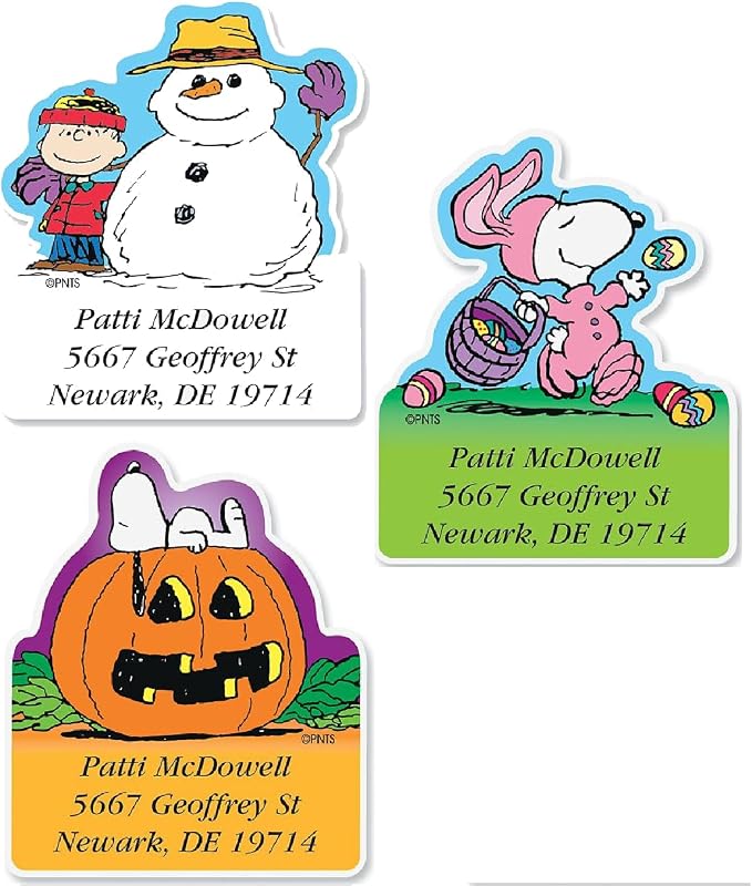 Colorful Images Year Round Holiday Peanuts Return Address Mailing Labels, Personalize with Name & Shipping Address, Set of 144 Self Adhesive, Easy Peel Flat Sticker Label Sheets, Diecut, 12 Designs