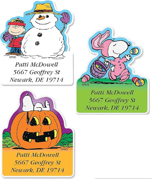 Colorful Images Year Round Holiday Peanuts Return Address Mailing Labels, Personalize with Name & Shipping Address, Set of 144 Self Adhesive, Easy Peel Flat Sticker Label Sheets, Diecut, 12 Designs