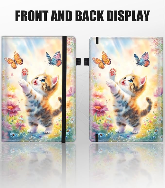 Hardcover Executive Notebooks, A5 PU Leather Lined Journal Notebook, 200 Pages Thick Paper Subject Notebooks for School,Work,Home Writing Business Notebook, Diary Book ，Cute Kitten and Butterfly