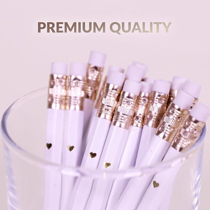 Heart Pencils for Baby Shower Games and Bridal Shower Games, Mini Pencils, Small Pencil Set For Game Prizes, Bridal Pens (White / Gold)