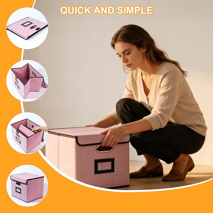 Large Square Storage Bin with Lid, Foldable Organizer Box with Handles & Label Design, for Office, Closet, Home, Documents, Pink, 12.20 x 10.63 x 10.63 Inches, 2 Pack