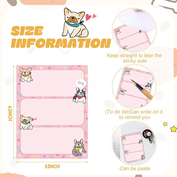 Chiisong 12 Pcs French Dog Sticky Notes Kawaii Notepads 3x4 Inch Adhesive Dog Gifts for Frenchie Lovers to Do List for Memo Reminder for Office Home Supplies Christmas Small Gift