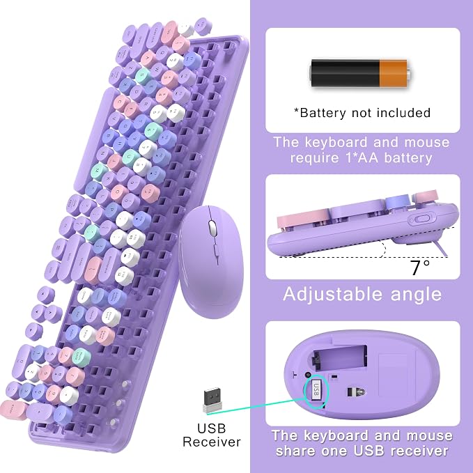 MPTOG Colorful Wireless Computer Keyboard and Mouse Combo (Purple-Colorful) | Retro Round Typewriter Keycaps, Power Switch, Ergonomic Design, 2.4GHz Wireless for Windows, Mac, PC