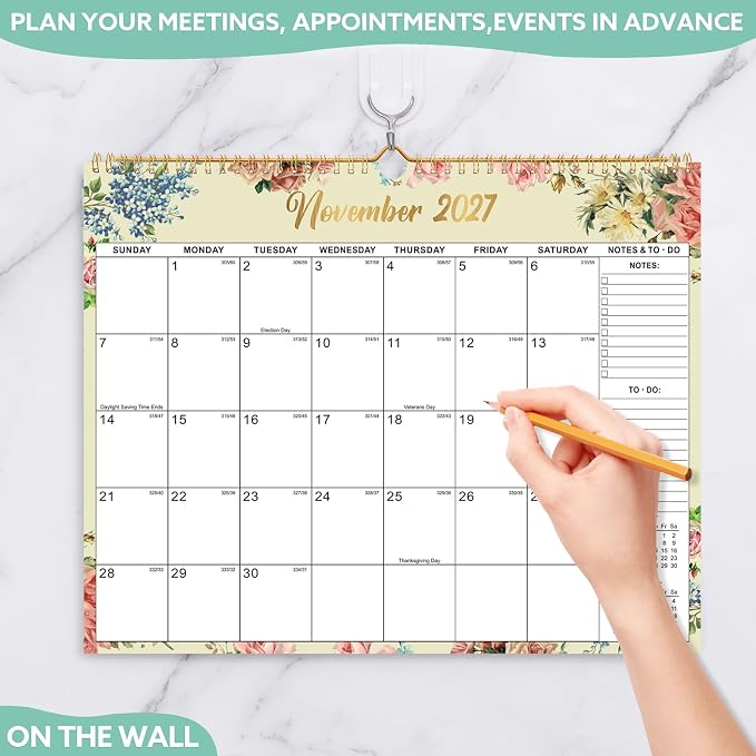 2026-2027 Wall Calendar, 14.5" x 11.8" 18 Month Watercolor Floral | July 2026-December 2027 120Gsm FSC-Certified Paper Monthly Calendar, Twin-Wire Binding, Ruled Blocks, Holiday Reference