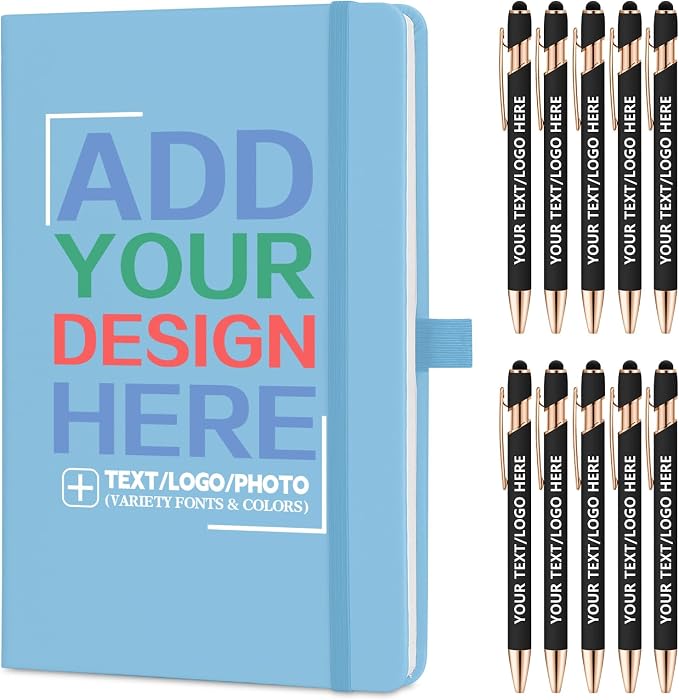 ENOMY Personalized Notebook Journal & 10 PC Pens Gift Set Custom Notebook A5 200 Pages A5 Lined Journal for Men Women Hardcover Notebooks for Work College Graduation Gifts, Sky Blue