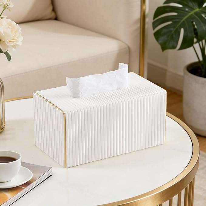 Extra Large Rectangle PU Leather Tissue Box Cover with Magnetic Closure, Decorative Tissue Holder & Storage Container for Bedroom, Living Room, Dining Room, Bathroom, Countertop, Desk & Office (White)