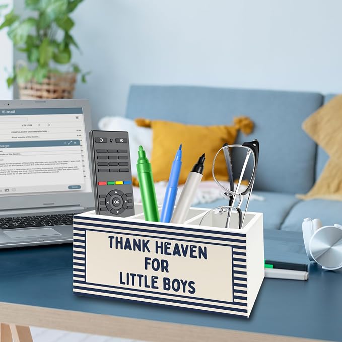Christian Nursery Kids Pen Pencil Holder Organizer for Desk, Thank Heaven for Little Boys Blue Striped Wooden Box Signs Decorations for Boys Room Bedroom Playroom Desk Tabletop