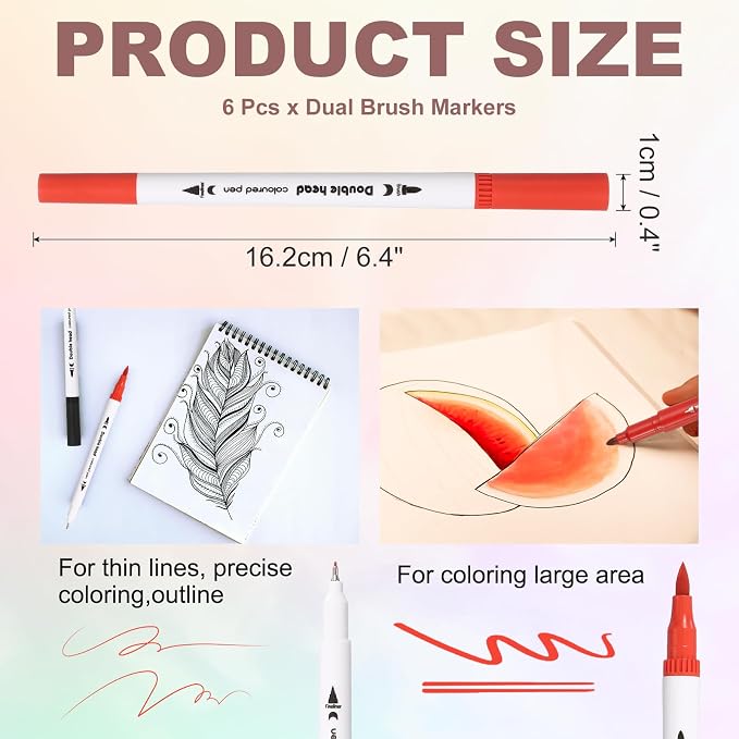 PATIKIL 6Pack Dual Brush Markers, Bright Red Watercolor Fine and Brush Tips Pens Colored Marker Calligraphy Coloring Art Supplies Set for Coloring Book Illustration Sketching Journaling