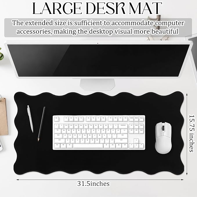 Hahafelt Scalloped Desk Mat Large Desk Pad Cute Coquette Table Mat Back to School Preppy Table Make up Pad Nonslip Graduation Gift with Stitching Waterproof Gaming(Black,31.5 x 15.8 Inches)