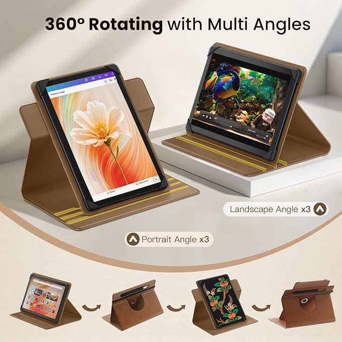 MoKo for Universal 11 inch Android Tablet Case with Pen Holder, Brown | Fits All 9.6-11 inch Tablets, Slim 360 Degree Rotating Cover, Multi-Angle Stand, Front Pocket, No fit iPad/NO back opening
