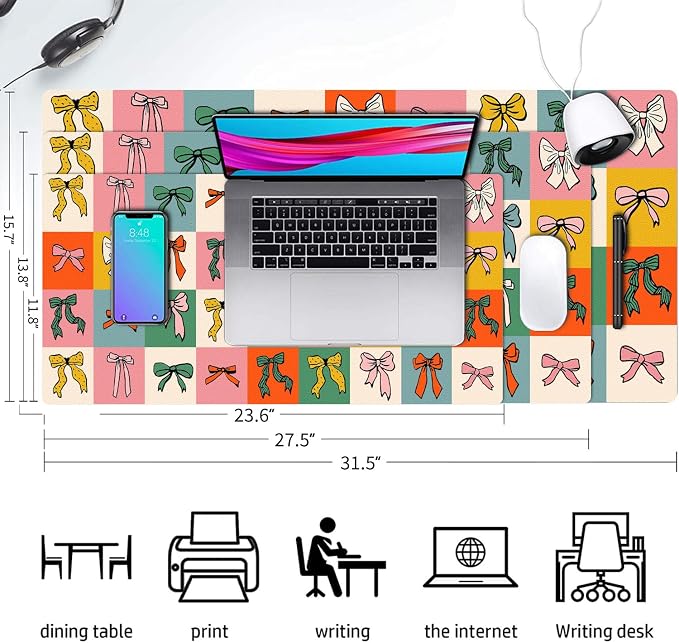 Cute Bows Large Mouse Pad, Desk Matt for Desktop, PU Leather Waterproof Desk Pad, Computer PC Laptop Protector Gaming Mouse Pads for Women Office Decor (31.5" x 15.7")