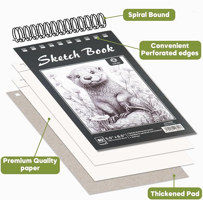 CONDA 5.5 x 8.5 Sketchbook Book, Top Spiral Bound Sketch Pad, 2 Pack, 80 Sheets Each (68lb/100gsm), Acid Free Art Paper for Drawing, Painting, Writing, Ideal for Beginners Artists Students Kids