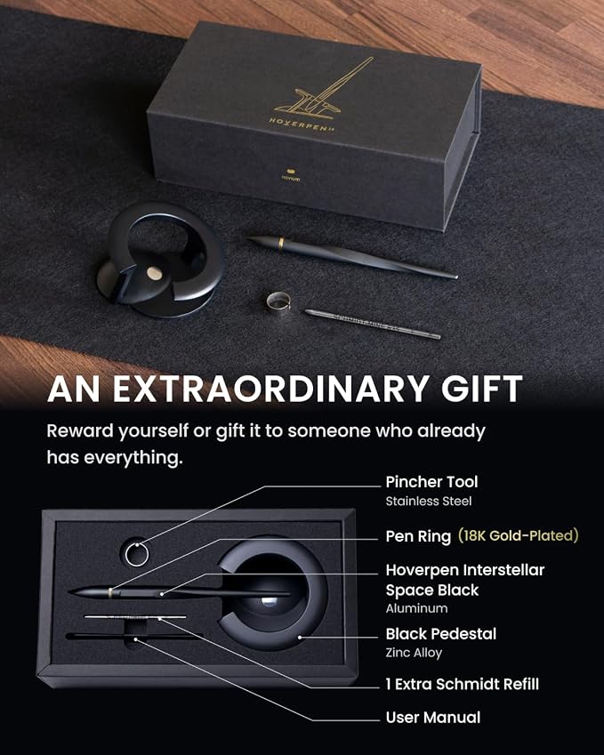 novium Hoverpen Interstellar - Space Black, Ballpoint Pen, 18K Gold-plated Pen Ring, 23.5 Degree Angle, Schmidt Ballpoint Refill, No Spills, No Spotting, No Explosions