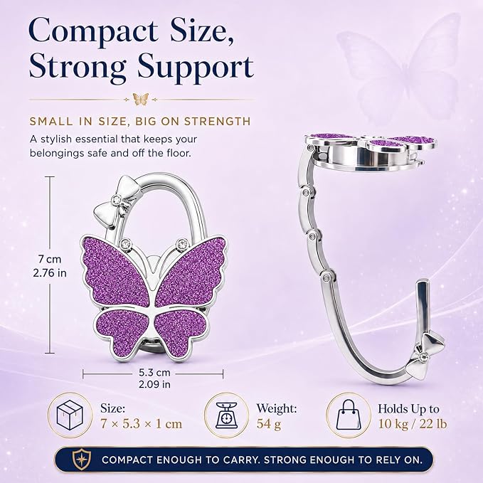 Purse Hook for Table, Foldable Handbag Hanger for Women, Portable Bag Holder with Non-Slip Base, Cute Bling Purple Butterfly Purse Table Hook for Restaurant Office Travel Gift