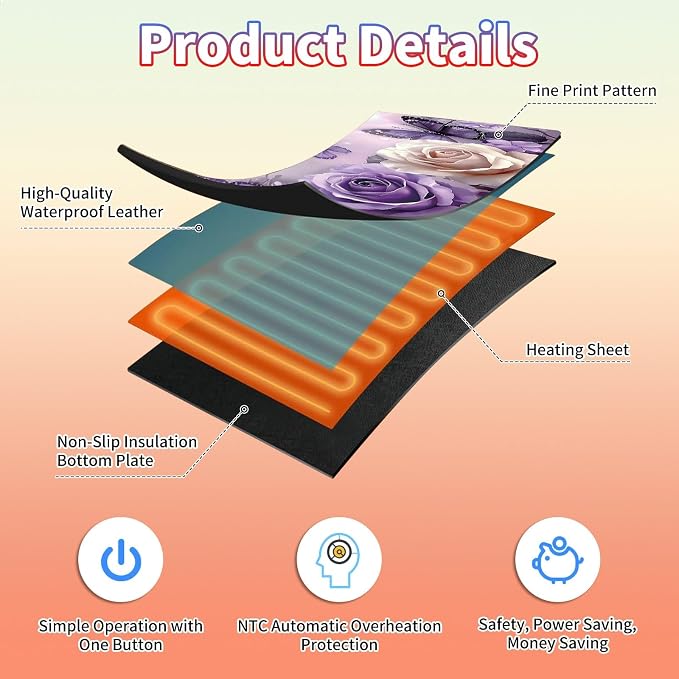 Heated Desk Pad Large Mouse Pad 31.5 x 13 inch with 3 Levels Heating & Auto Shut-Off Warm Mouse pad PU Leather Computer Mousepad for Home Office Work - Purple Roses and Butterflies