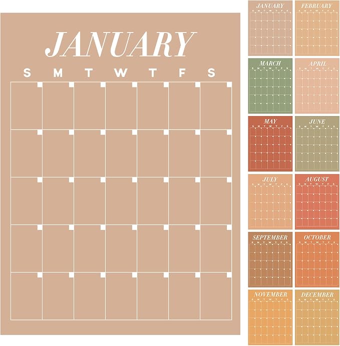 12 Pcs Brown Undated Calendars 16‘' x 20‘' Large Classroom Erasable Wall Calendar 12 Month Dry Ease Reusable Planning Yearly Blank Planner Reserved Grid for Office Home Educational Study Back to Class