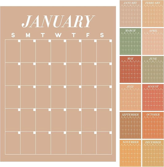12 Pcs Brown Undated Calendars 16‘' x 20‘' Large Classroom Erasable Wall Calendar 12 Month Dry Ease Reusable Planning Yearly Blank Planner Reserved Grid for Office Home Educational Study Back to Class