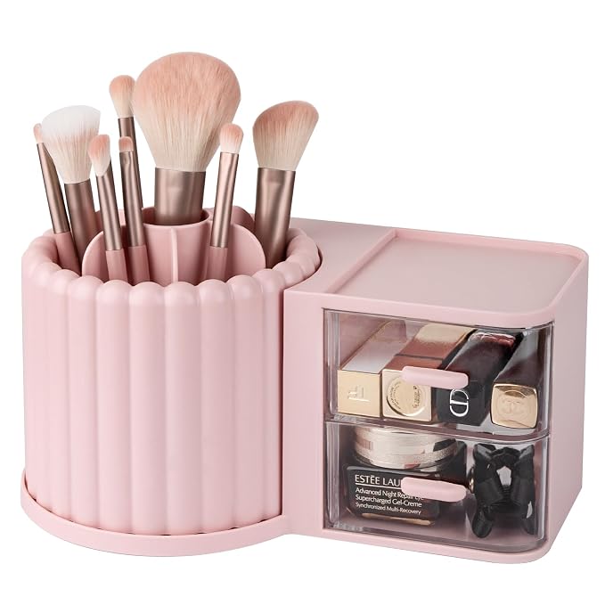 Rotating Makeup Brush Holder Organizer with Removable Dividers, Pink | 7 Slots Make Up Brush Organizer with Drawer 360 Spinning Cosmetic Storage Pen Holder for Desk, Vanity, Dresser