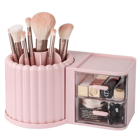 Rotating Makeup Brush Holder Organizer with Removable Dividers, Pink | 7 Slots Make Up Brush Organizer with Drawer 360 Spinning Cosmetic Storage Pen Holder for Desk, Vanity, Dresser