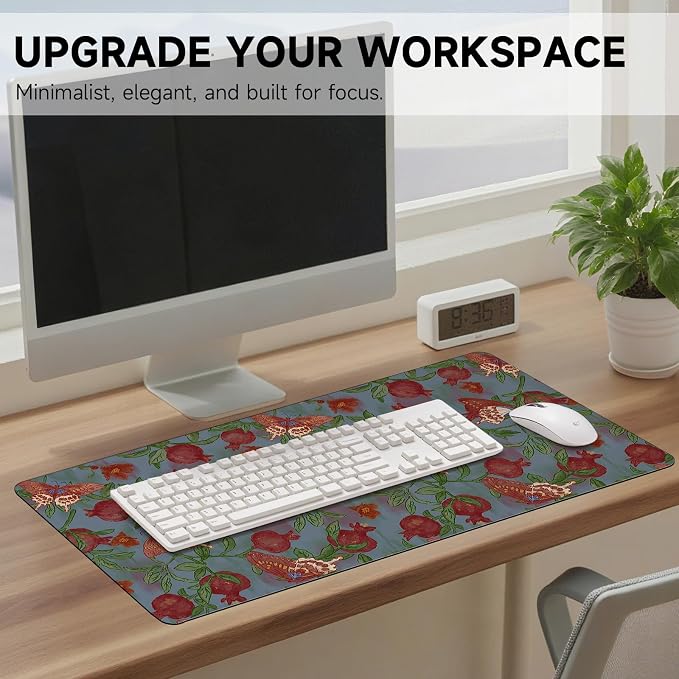 Botanical Floral Desk Pad Blotter,Large Mouse Pad 35 x 17in,PU Leather Desk Mat Writing Pad Protector, Non-Slip Waterprrof,Desktop Decor for Home Office Women Girls (Pomegranate Flower Butterfly)