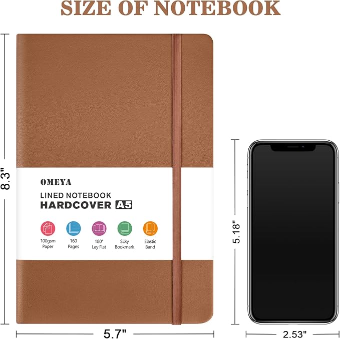 OMEYA Hardcover Journal Notebooks for Work: 4 Pack, A5 100gsm Lined Paper | Multicolor, 5.7" x 8.3", PU Leather Cover, Notebooks for Office, School, Meetings, Daily Plans and Personal Journaling