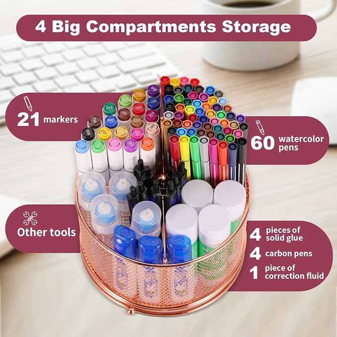 Pen Holder for Desk,360° Rotating Mesh Desk Organizer with Large Capacity 4 Compartments,Multi Functional Desk Accessories and Makeup Brush Holder for Office School Home (Rose Gold)