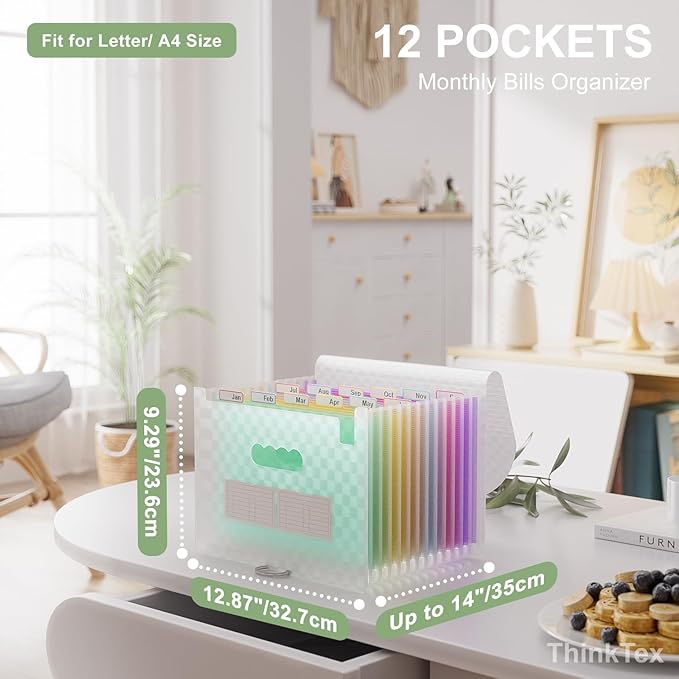 ThinkTex Accordion File Organizer, 12 - Pocket Expanding File Folders | for Receipts, Bills & Taxes Organizer, Letter/A4 Size Document Holder for School, Office, Home with Colorful tabs- Green