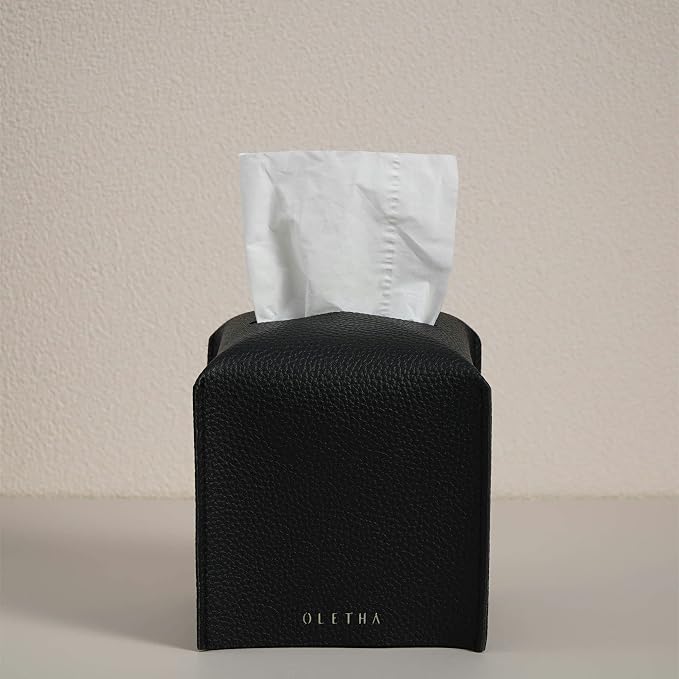 OLETHA Square Tissue Box Cover - Aesthetic Desk Decor for Room, Home & Office - Tissues Cube Boxes Holder - Black