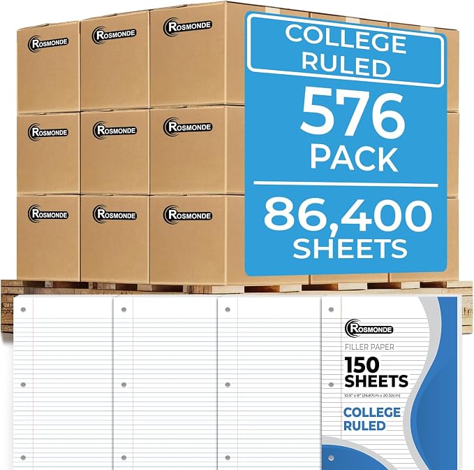 Rosmonde 576 Pack(Pallet) Loose Leaf Paper Bulk, 86400 Sheets,College Ruled | Pallet of Filler Paper, 150 Sheets/Pack, 8 x 10.5", Bulk Notebook Paper, 3 Hole Punched, School & Office, 4-7 Days Transit