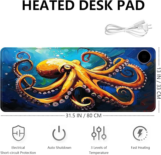 Heated Mouse Pad with 3 Levels Heated & 3 Hours Auto Shut-Off Mouse Pad for Warming Hands in Office Home, 31.5" x 13"Large Safe Desk Mat Hand Warmer，Blue Octopus