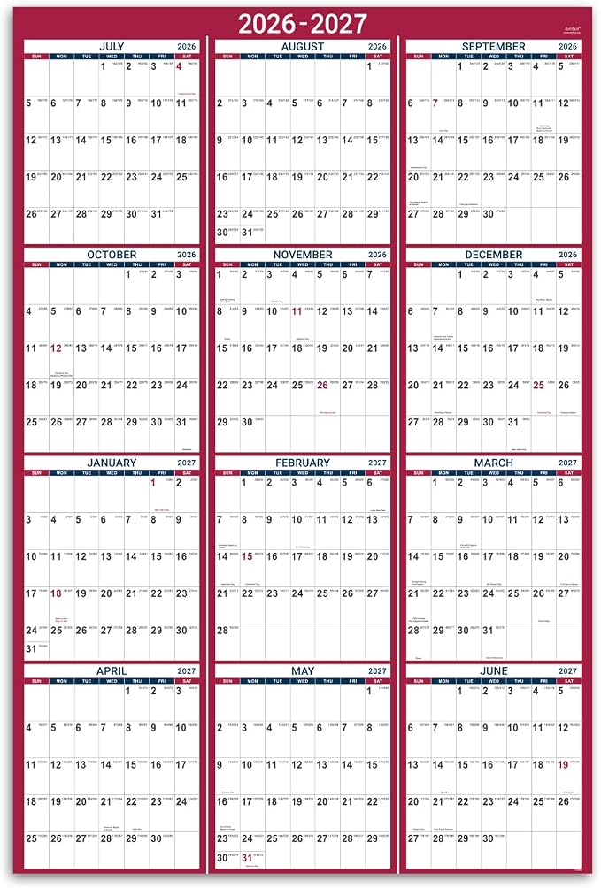 2026-2027 Yearly Wall Calendar - Calendar 2026-2027, 34.8" x 22.8"(Open) | Large Wall Calendar 26-27, July 2026 - June 2027, Full Year Calendar Large, One Page Vertical with Round Stickers - Red