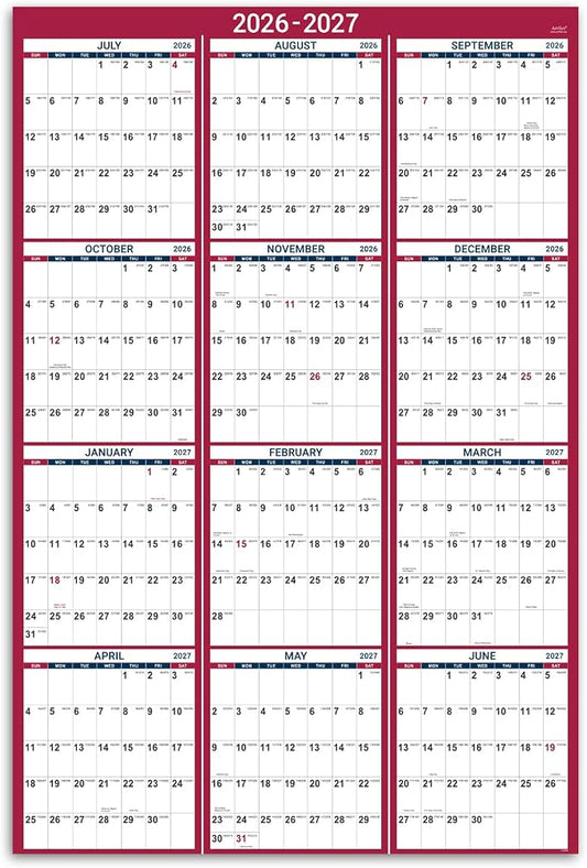 2026-2027 Yearly Wall Calendar - Calendar 2026-2027, 34.8" x 22.8"(Open) | Large Wall Calendar 26-27, July 2026 - June 2027, Full Year Calendar Large, One Page Vertical with Round Stickers - Red