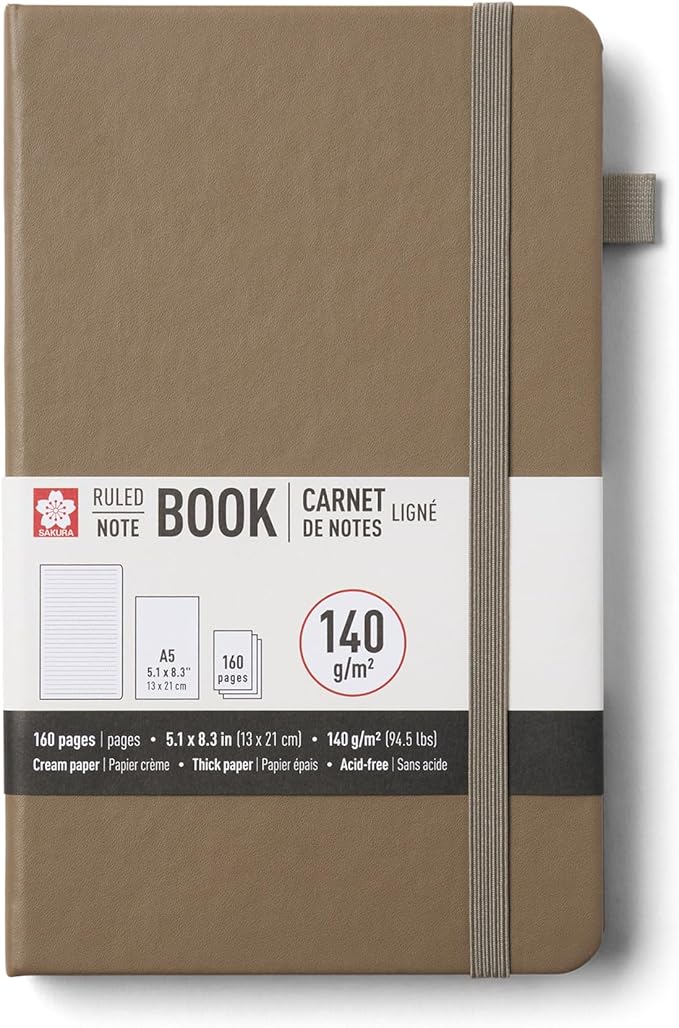 Sakura Notebook Ruled A5 - Japanese-Inspired Lined Notebook for Effortless Writing - 140 GSM Paper - Hardcover - Built-in Pen Holder - Expandable Inner Pocket - Flat-Lay - 5.1 x 8.3" - Cinder