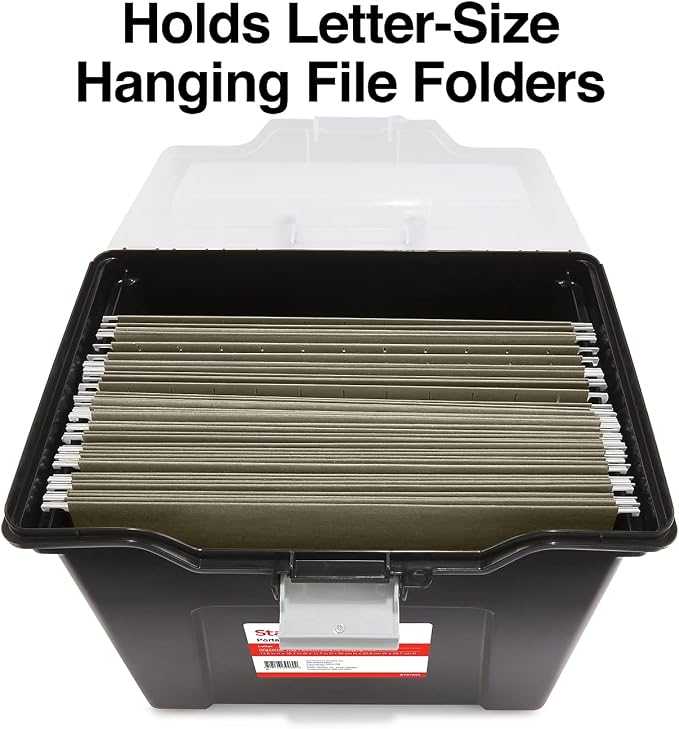 STAPLES File Folder Tote, Portable Filing Box for Letter SIze Hanging Folders, Security Latch & Built-In Lid Organizer, Black/Clear