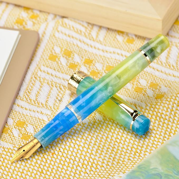 Asvine P20 Piston Fountain Pen, Stub Nib 1.1mm Calligraphy Art Drawing Gradual Yellow Acrylic with Case Set