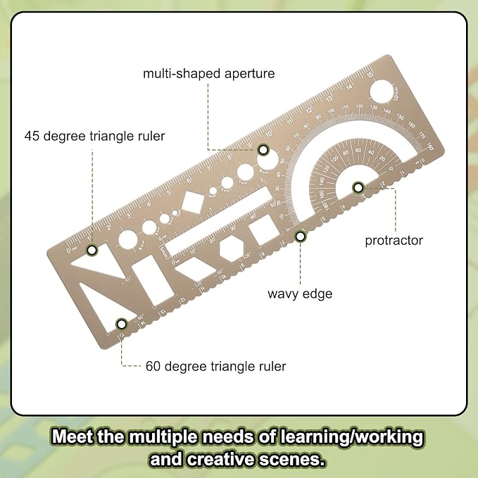 HARFINGTON Multifunctional Geometric Rulers 15cm Metric and SAE Aluminum Straight Edge Protractor Angle Math Measuring Ruler Geometric Drawings Templates for Drawing Drafting, Gold