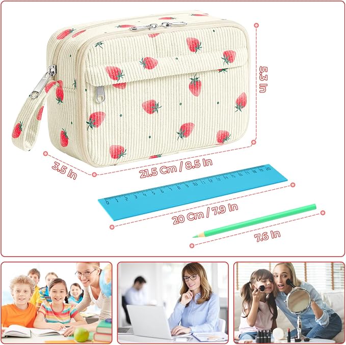 WOBAGMEN Cute Pencil Case,Large Corduroy Zippered Pencil Case Pouch, aesthetic Pencil Bag with Compartments, Pencil Pouch School Supplies (Tiny Strawberry)