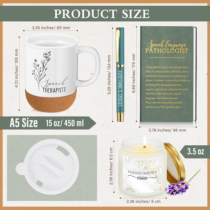 Sayglossy 4 Pcs Speech Therapist Gift Set Therapy Speech Language Pathologist Gift for Men Women Slp Thank You Appreciation Notebook Coffee Mug Scented Candle Ballpoint Pen for Therapist Coworker