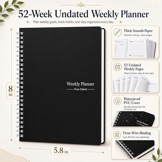 TREES Undated Weekly Planner, Weekly To-Do List, Goal and Habit Tracker | 5.8" x 8" Spiral-Bound Organizer for Weekly Goals, Tasks and Habits, Designed for Work, School and Everyday Planning