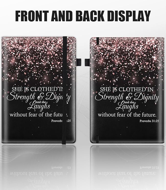 Hardcover Executive Notebooks, A5 PU Leather Lined Journal Notebook, 200 Pages Thick Paper Subject Notebooks for School,Work,Home Writing Business Notebook,Proverbs 31-25 Bible Verse Rose Gold