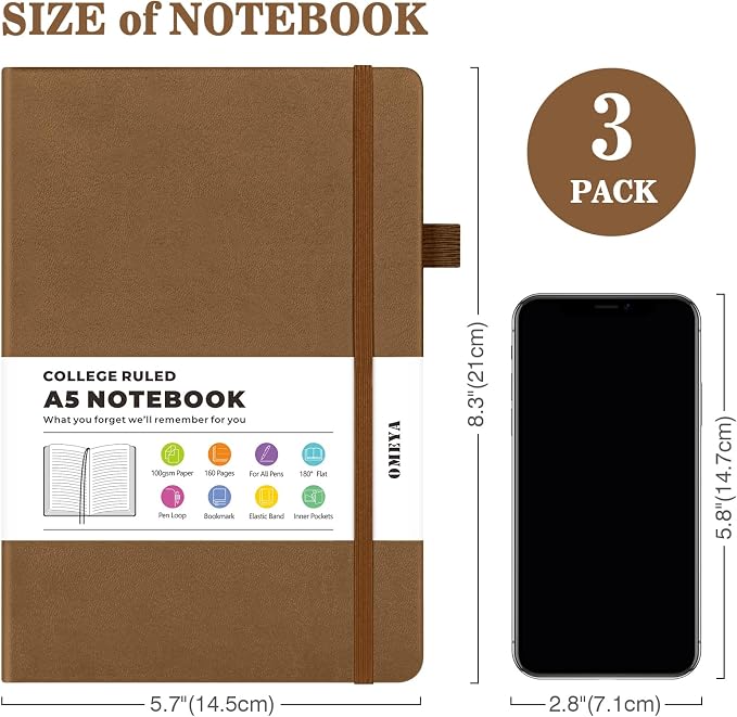 Lined Journal Notebook, 3 Pack A5 College Ruled Notebooks for Work, Hardcover Notebook Each with 2 Pockets & Pen, Leather Journal for Women, Men, 160 Pages, 100GSM Thick Paper ( Brown 5.7" x 8.3" ) | Each 160 Lined Pages, 5.75" x 8.38", PU Leather Hard...