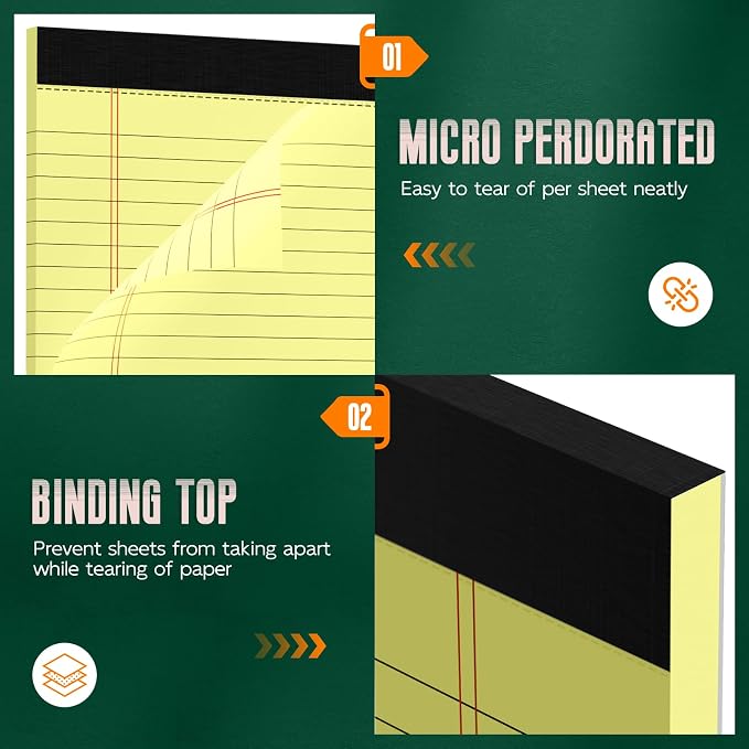 Yellow Legal Pads 8.5 x 14 Note Pads, 6 Pack 8.5 x 14 Notepads, Wide Ruled Lined Paper, Micro Perforated Writing Paper, 30 Sheets Per Notepad for Work/School/Office