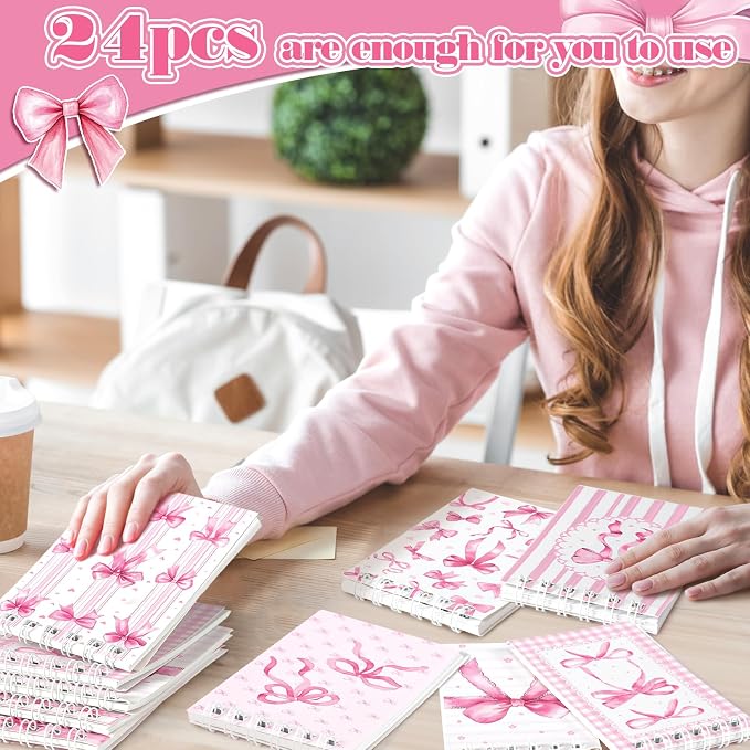 Thenshop 24 Pcs Mini Pink Bow Spiral Notebook 3.9x2.4 Inch Cute Coquette Pink Aesthetic Watercolor Journal Lined Memo Pad Preppy Mini Top Spiral Notebook Office Supplies for Party Gifts Home