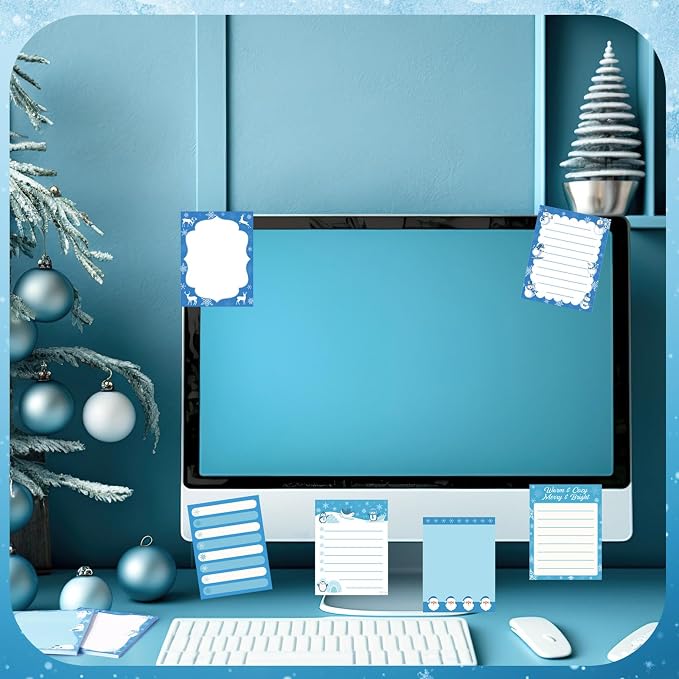 Chiisong 12 Pcs Christmas Sticky Notes Christmas Design Self Adhesive Note Pads Winter Snowflake Sticky Memo Blue Cartoon Snowman Penguin Notepad for Xmas Gift Office Home Supplies Present