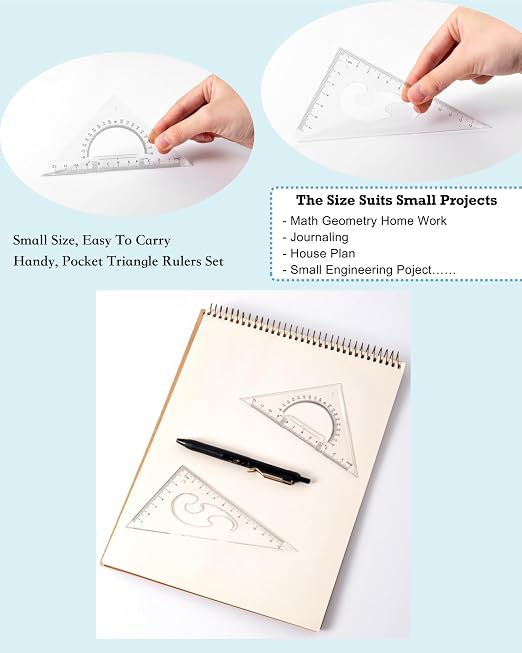 Clear Plastic Triangle Ruler Set, Small Math Geometry Square (45 & 30/60 Degrees) with Built-in Protractor & French Curve, Metric cm/mm, Back to School Supplies